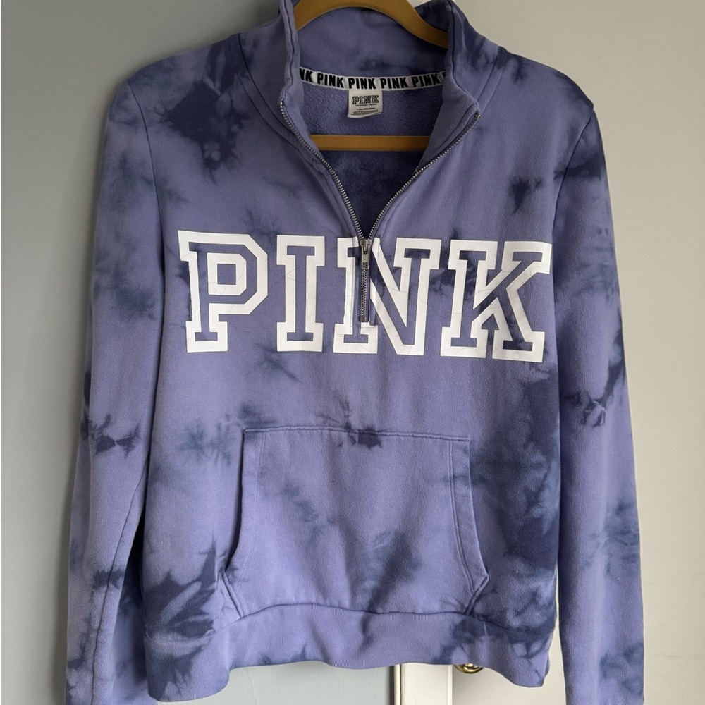 Victoria's Secret PINK Tie Dye 1/4 Zipper Sweatshirt Purple White Logo Large